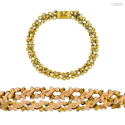 Two bracelets, comprising: a late 19th century gold scroll l...
