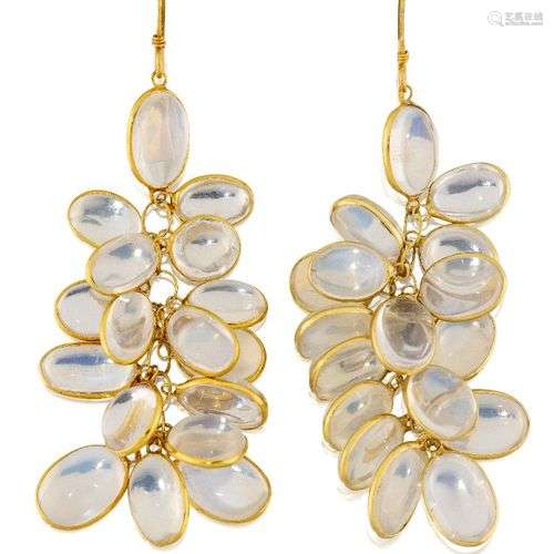 A pair of moonstone drop earrings, composed of multiple oval...