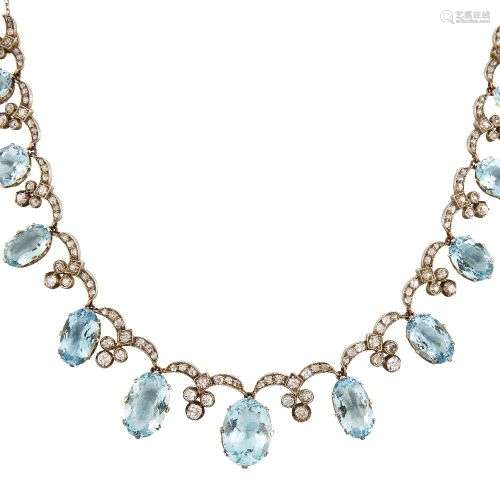 A late 19th century aquamarine and diamond necklace, compose...