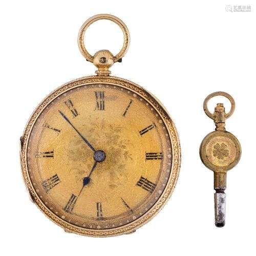 An 18ct gold key-wind open face fob watch, the floral engrav...