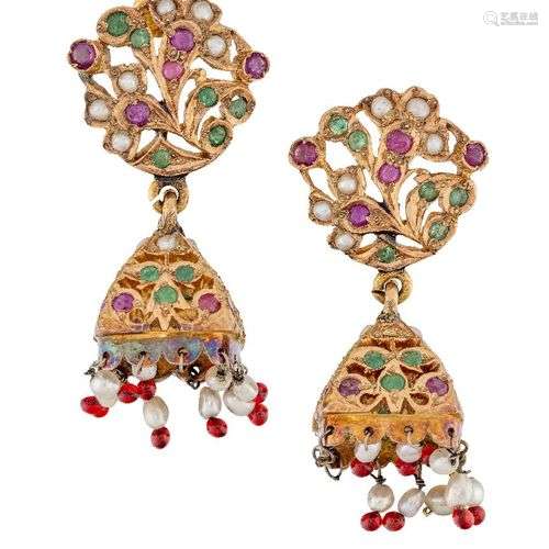A pair of Indian gem, seed pearl and glass earrings, the cir...