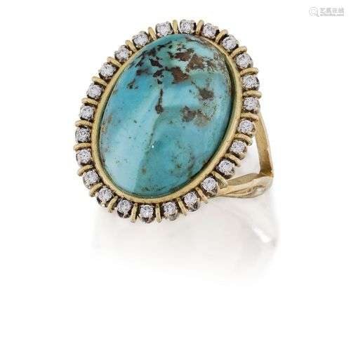 A turquoise and diamond cluster ring, the oval cabochon turq...