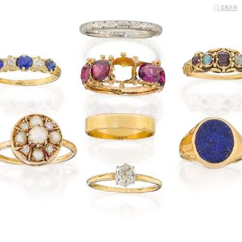 Eight rings: comprising: an old-brilliant-cut diamond single...