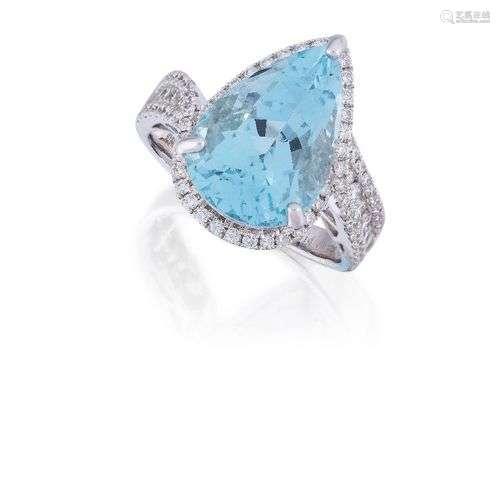 An aquamarine and diamond ring, the pear shaped aquamarine, ...