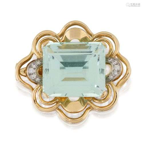 An aquamarine and diamond brooch / pendant, the cut-cornered...