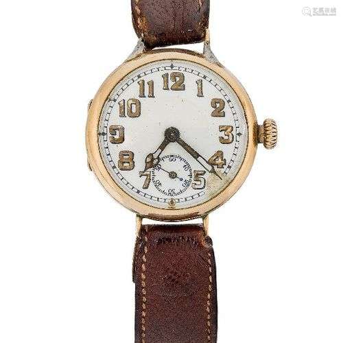 A 9ct gold wristwatch, the white enamel dial with luminous h...