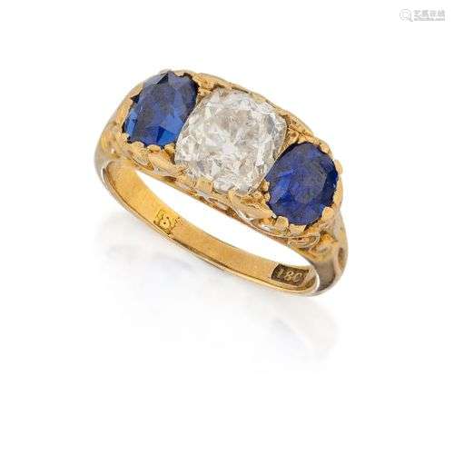 A Victorian gold, diamond and sapphire three stone ring, the...