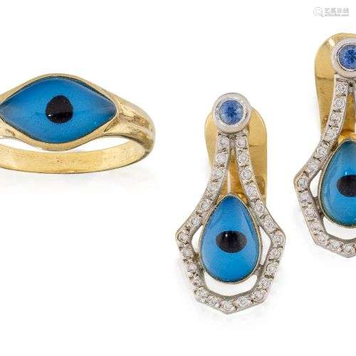 An 'evil eye' ring and pair of earrings, the ring with singl...