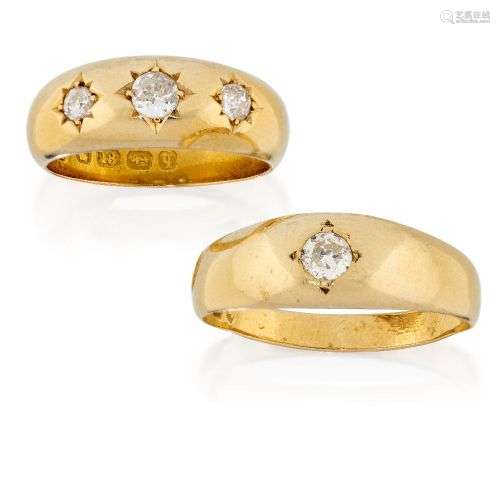 Two 18ct gold, diamond set gypsy rings, one set with three o...