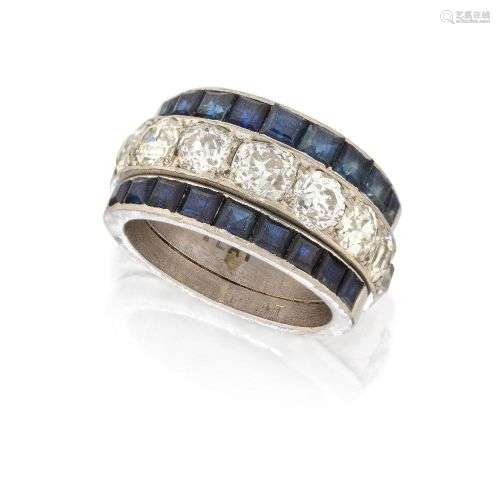 An Art Deco platinum, diamond and sapphire triple row ring, ...