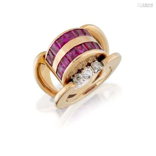 A 1940s gold, diamond and ruby ring, of Odeonesque design, t...