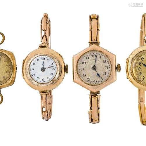 Four lady's gold wristwatches, one with tonneau shaped dial ...
