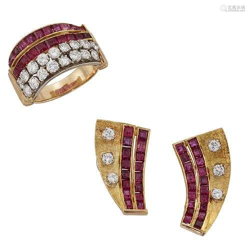 A ruby and diamond ring and pair of earrings, the ring of wa...