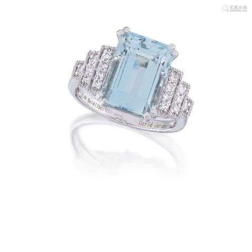 An aquamarine and diamond ring, the cut-cornered rectangular...