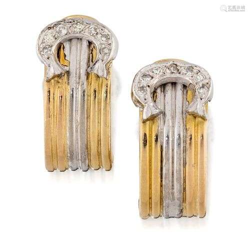 A pair of diamond-set earrings, of two colour reeded half-ho...