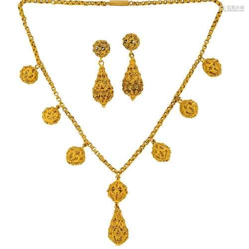 A 19th century gold filigree necklace and earrings, the neck...