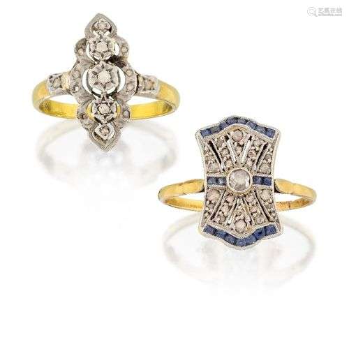 Two French Art Deco diamond cluster rings, one a rectangular...