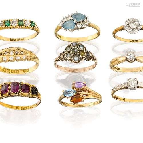 Eleven various rings, comprising: an old brilliant-cut diamo...