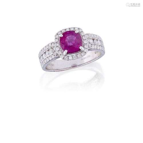 A ruby and diamond ring, the square-shaped cushion-cut ruby,...