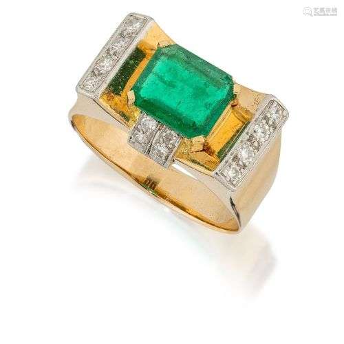 A 1940s emerald and diamond ring, the cut-cornered square em...