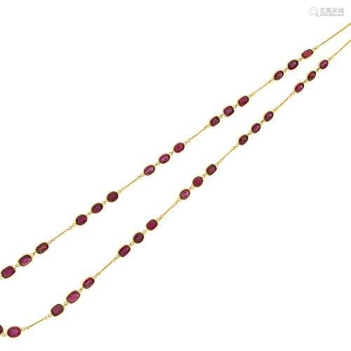 A garnet necklace, composed of cushion and oval garnet three...