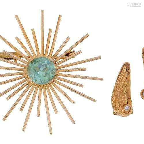 A pair of gold and diamond earclips and a blue zircon brooch...