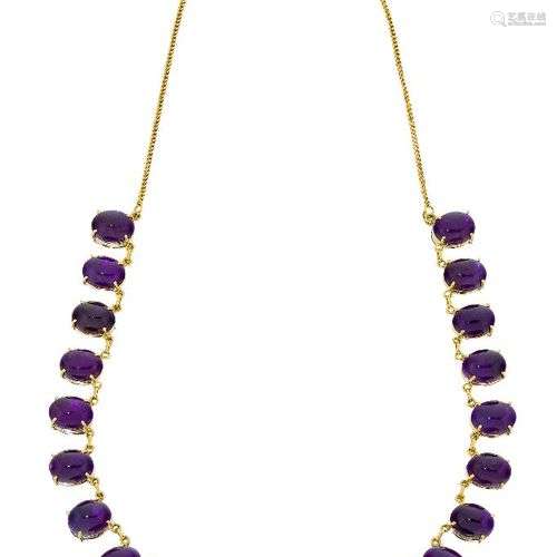 An 18ct gold and amethyst necklace, the fringe front compose...