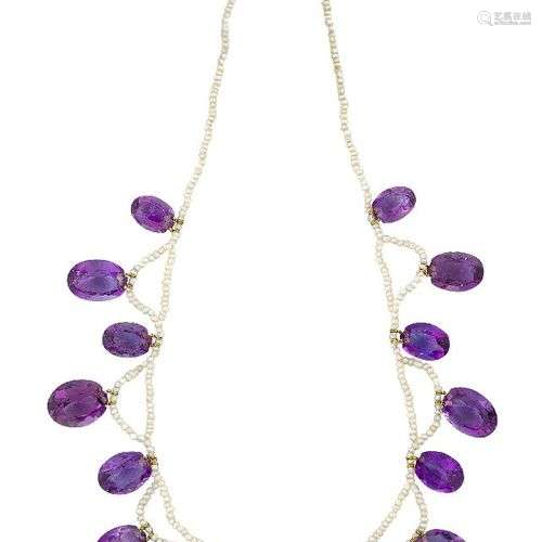 An amethyst and seed pearl necklace, the seed pearl necklace...