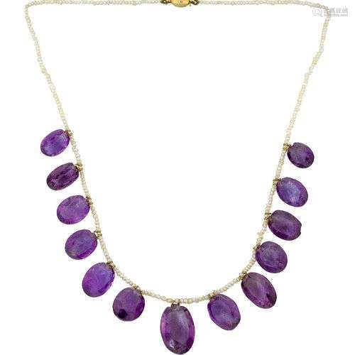 An amethyst and seed pearl necklace, the seed pearl necklace...