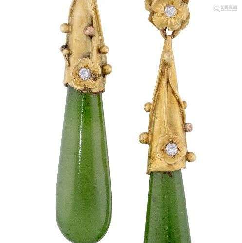 A pair of nephrite jade and diamond ear pendants, the tapere...