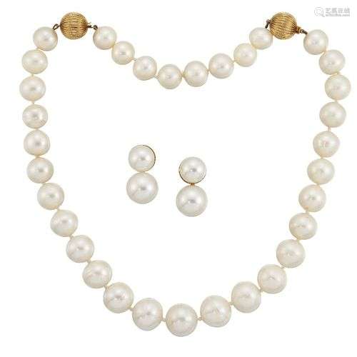 A cultured pearl necklace and earrings, the single row neckl...