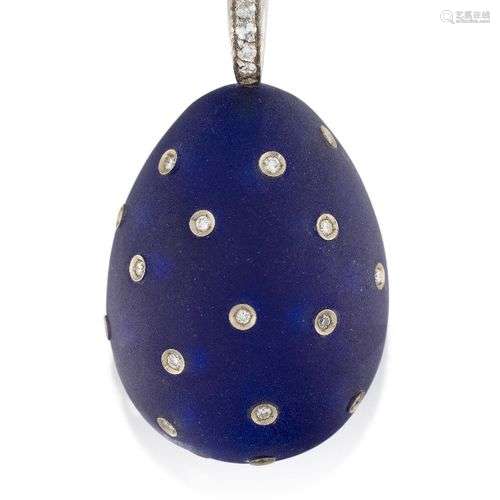 A blue glass and diamond egg pendant, the matt effect blue g...