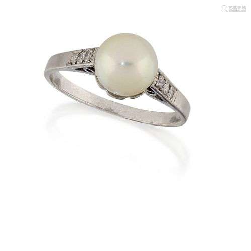 A pearl and diamond ring, the single pearl to single-cut dia...
