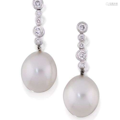 A pair of cultured pearl and diamond earrings, the ovoid cul...