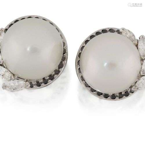 A pair of cultured pearl, diamond and black diamond earrings...
