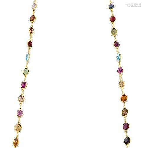 A multi-gem necklace, composed of a line of oval and circula...