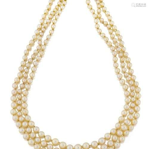 A cultured pearl necklace, composed of three rows of culture...