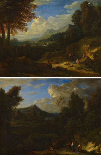 Zwei Gemälde: Weite bewaldete Landschafen mit Figuren