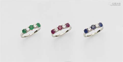 Three 18k white gold five stone rings