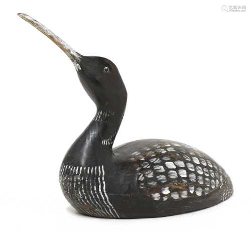 A carved wooden decoy black-throated diver,