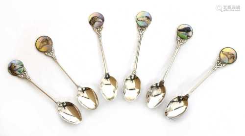 A set of six greyhound silver and enamel coffee spoons