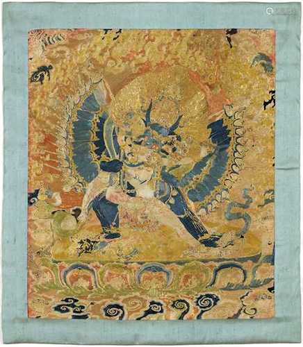 A FINE EMBROIDERED SILK THANGKA OF VAJRABHAIRAVA YAMANTAKA.