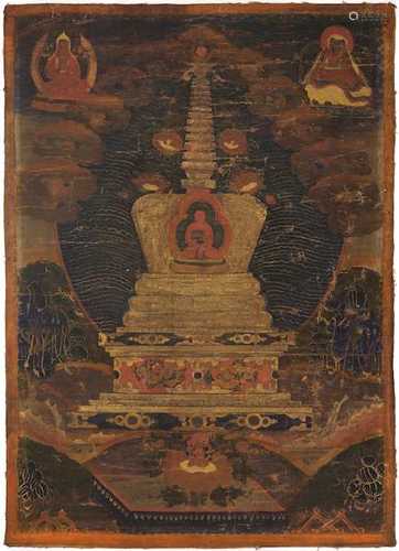 A SMALL THANGKA OF A STUPA.