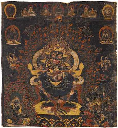 A BLACK-GROUND THANGKA OF GUR GOMPO.