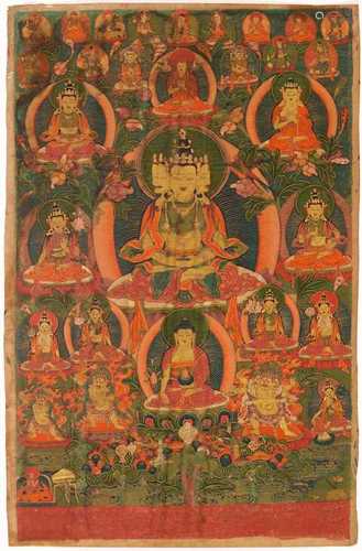 A THANGKA OF A FOUR-HEADED PEACEFUL DEITY.