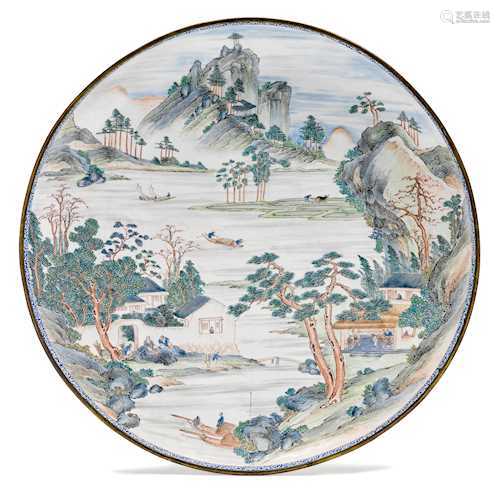 A LARGE PAINTED ENAMEL DISH.