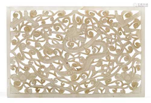 A RECTANGULAR RETICULATED JADE PLAQUE.