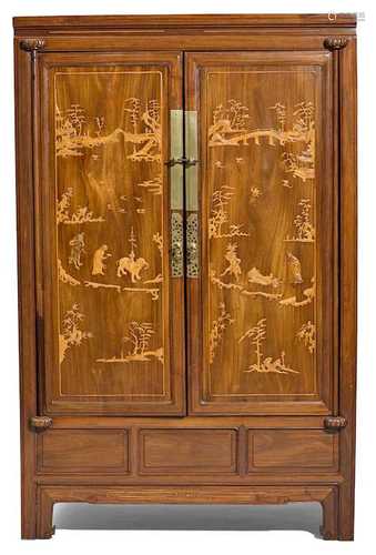 A HARDWOOD CABINET WITH APPLIED DECORATION MADE FROM BAMBOO.