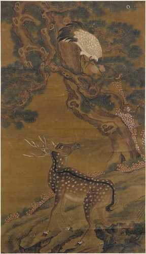 A MING-STYLE PAINTING OF A DEER AND A CRANE.