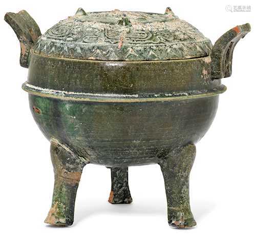 A GREEN GLAZED INCENSE BURNER (DING).